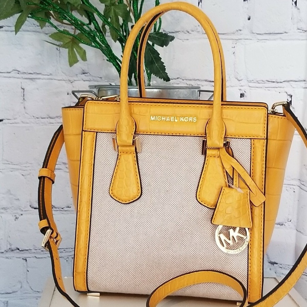 NWT Michael Kors Colette Medium Canvas Satchel Crossbody Yellow Croc Designer